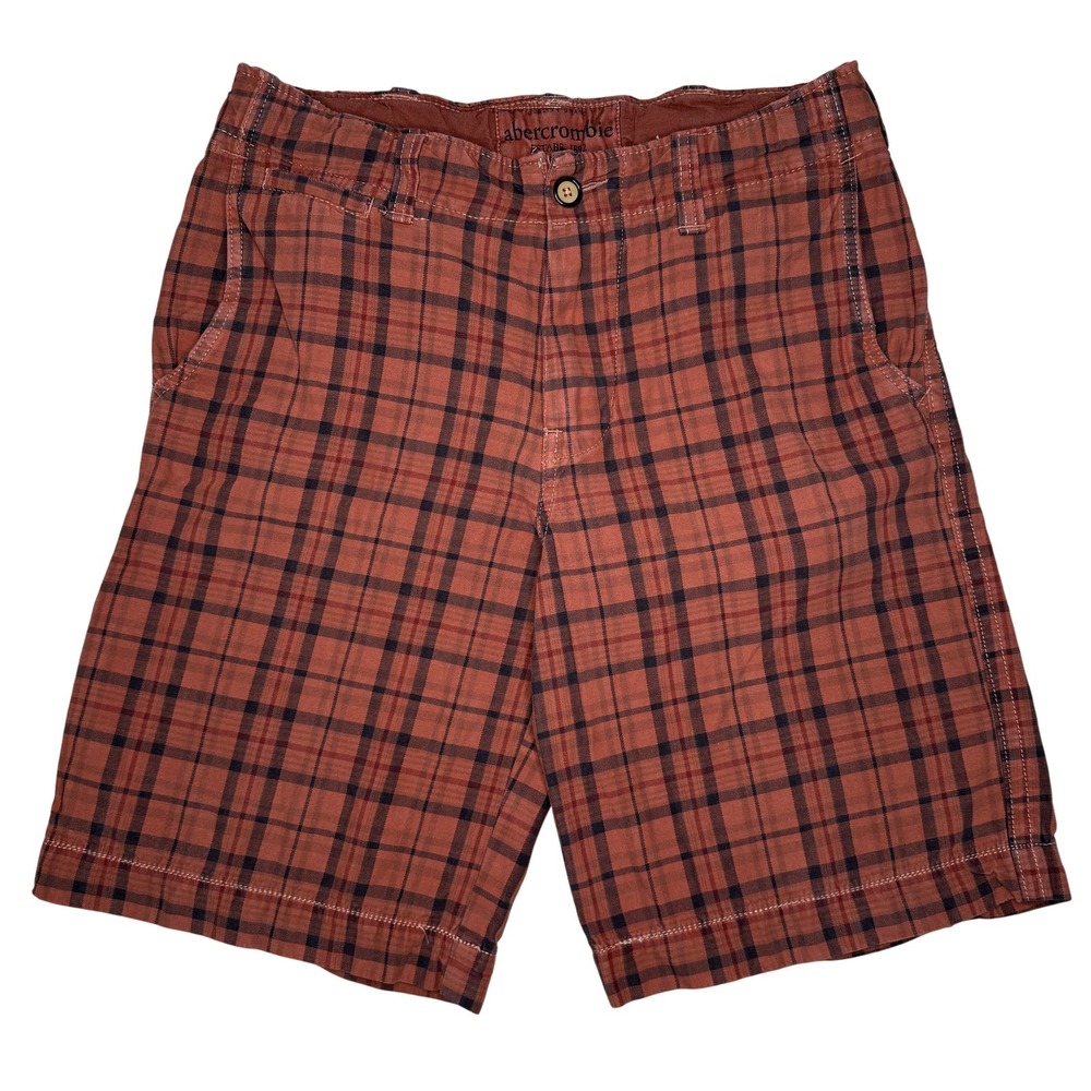 Abercrombie Shorts Boys 16 Red Plaid Flat Front Cotton Casual Summer‎ Classic